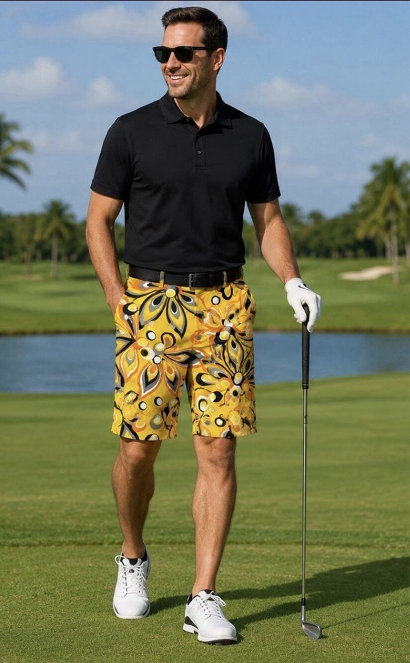 Loudmouth Golf Shorts Mens 36 Yellow Shagadelic Floral Retro Colorful